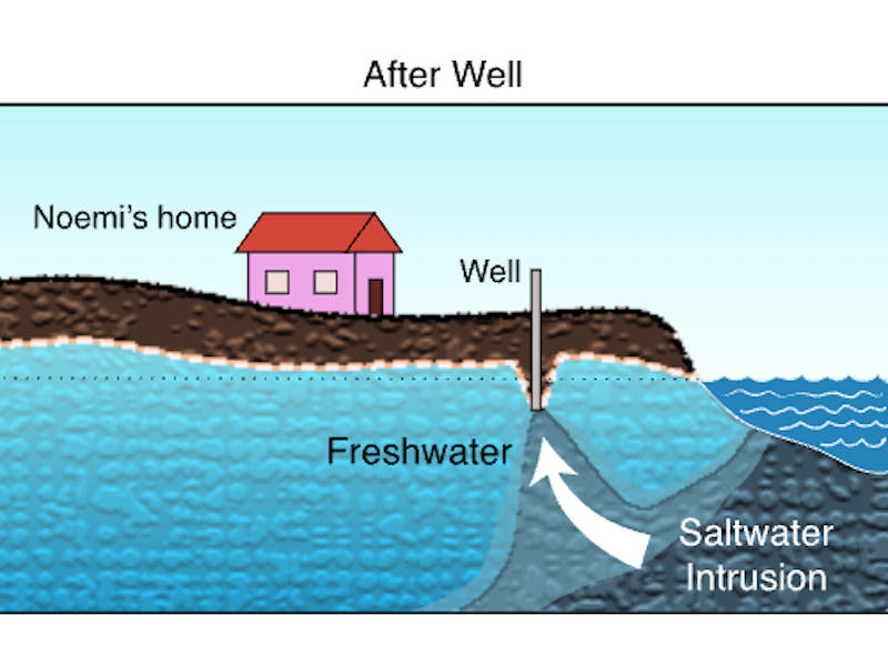 Screenshot of Coastal Aquifers task; a diagram showing saltwater intrusion into a well