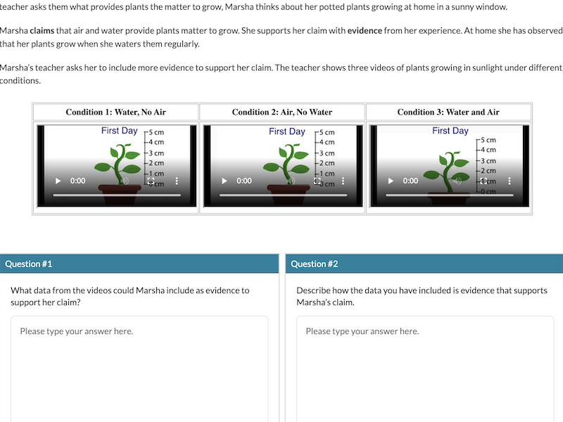 Screenshot of Marsha Argues task; shows that there are 3 videos simulating plant growth under 3 different conditions